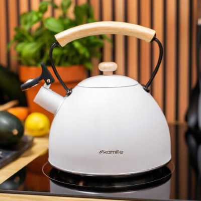 Čajník nerezový 2,5 l biely s drevenou rukoväťou Obrázok pre Čajník nerezový 2,5 l biely s drevenou rukoväťou