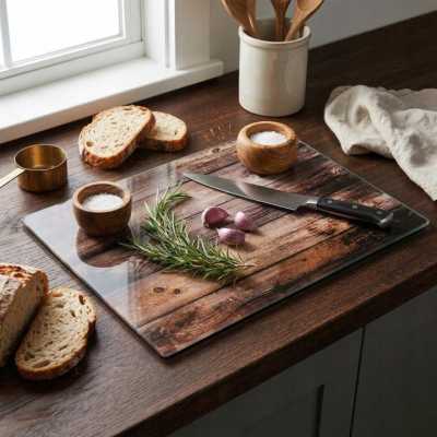 Sklenená obdĺžniková krájacia doska 30 x 40 cm – s dreveným dizajnom Obrázok pre Sklenená obdĺžniková krájacia doska 30 x 40 cm – s dreveným dizajnom