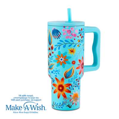 Termohrnček 900ml so slamkou CYAN FLORAL Obrázok pre Termohrnček 900ml so slamkou CYAN FLORAL